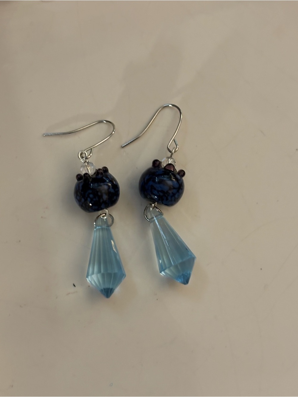 Blue Glass Drop Earrings with Light Blue Crystal Beads